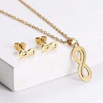 201 Stainless Steel Pendant Necklace & Stud Earring Sets, Golden, Infinity, 450mm