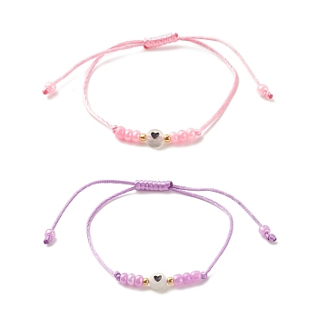 2Pcs Flat Round with Heart Acrylic Braided Bead Bracelets Set with Glass Seed, Luminous Beaded Stackable Adjustable Bracelets for Women, Pink & Violet, Inner Diameter: 2~3-3/8 inch(5~8.7cm)