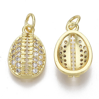 Brass Micro Pave Cubic Zirconia Pendants, Sports Charms, with Jump Rings, Nickel Free, Rugby, Clear, Real 16K Gold Plated, 14.5x9.5x3.5mm, Hole: 3mm