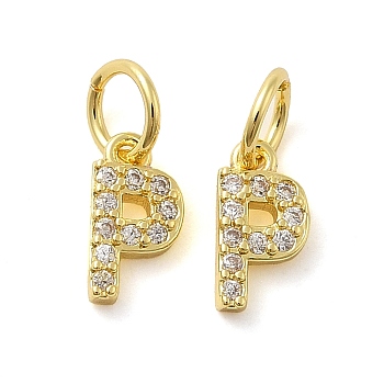 Brass Micro Pave Cubic Zirconia Pendants, with Jump Ring, Letter P, 8~9x4.5~9.5x1.5mm, Hole: 3.6mm