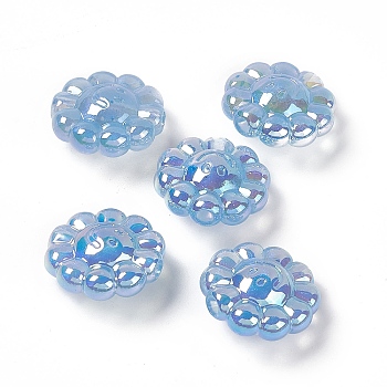 UV Plating Acrylic European Beads, Large Hole Beads, with Glitter Powder, AB Color, Flower with Smiling Face, Cornflower Blue, 23.5x24x12mm, Hole: 4mm
