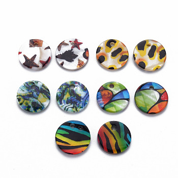 Printed Freshwater Shell Charms, Flat Round with Mixed Pattern, Mixed Color, 12.5x1~2.5mm, Hole: 1.4~1.6mm