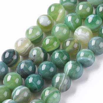 Natural Striped Agate/Banded Agate Beads Strands, Dyed & Heated, Round, Green, 10mm, Hole: 1.2mm, about 37pcs/strand, 14.65 inch(37.2cm)
