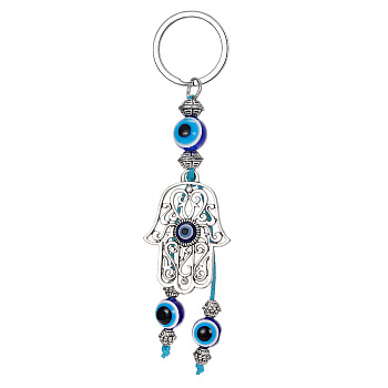 Alloy Hollow Hamsa Hand/Hand of Miriam Pendant Keychain, Turkish Evil Eye Bead Car Key or Bag Ornaments, Dark Blue, 13.5cm