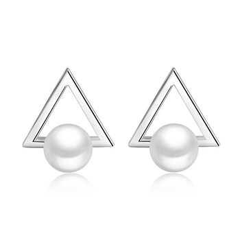 Brass Stud Earrings, with Shell Pearl Beads, Triangle with Round, Platinum, 19~20x15mm, Pin: 0.7mm