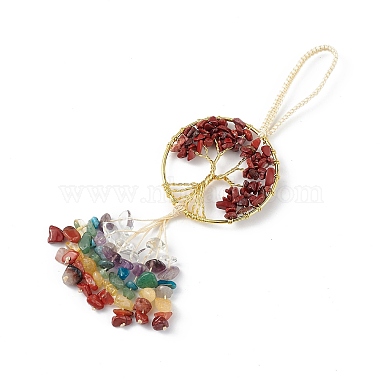 Árbol de la vida de jaspe rojo natural con chips de piedras preciosas mixtas borla grandes decoraciones colgantes(HJEW-H057-03G-A02)-2