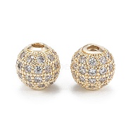 Brass Micro Pave Clear Cubic Zirconia Beads, Long-Lasting Plated, Round, Real 14K Gold Plated, 8mm, Hole: 1.5mm(ZIRC-D274-02G-02)