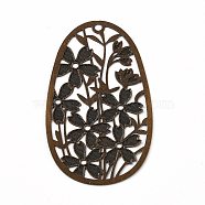 Brass Pendants, Etched Metal Embellishments, Hollow Out Oval with Flower, Antique Bronze, 40x24x0.2mm, Hole: 1.6mm(KK-P193-01AB)