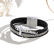 Imitation Leather Mutli-strand Bracelets, Bohemian Cross Bracelets, with Stainless Steel Magnetic Clasps, Black, 7-5/8 inch(19.5cm)(PW-WG3E9EB-03)