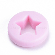 Food Grade Eco-Friendly Silicone Focal Beads, Chewing Beads For Teethers, DIY Nursing Necklaces Making, Flat Round with Star, Pink, 21x7mm, Hole: 2mm(SIL-T040-06)