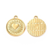 Ion Plating(IP) 304 Stainless Steel Pendants, Flat Round with Heart Charm, Golden, 21.5x19x2mm, Hole: 1mm(STAS-P324-28G)