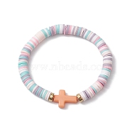 Handmade Polymer Clay Beaded Stretch Bracelets, Cross Opaque Acrylic Bracelets for Women, Colorful, Inner Diameter: 1-7/8 inch(4.8cm)(BJEW-JB10600)