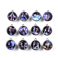 Glass Pendants, with Eco-Friendly Zinc Alloy Findings, Platinum, Cadmium Free & Nickel Free & Lead Free, Round with Constellation, 12 Constellations, 26x22x22mm, Hole: 2.5mm, 1pc/constellation, 12 constellation, 12pcs/set(GLAA-N043-002-NR)