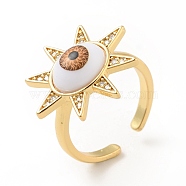 Cubic Zirconia Sun with Evil Eye Open Cuff Ring with Acrylic, Real 18K Gold Plated Brass Jewelry for Women, Cadmium Free & Lead Free, Peru, US Size 6 1/4(16.7mm)(RJEW-B042-09G-01)