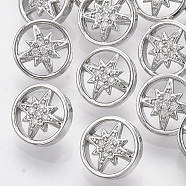 Brass Shank Buttons, with Micro Pave Cubic Zirconia, Flat Round with Star, Clear, Platinum, 9.5x6mm, Hole: 1.4mm(BUTT-S025-035)