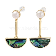 Pearl & Paua Shell Dangle Stud Earrings, with Brass Findings and 925 Sterling Silver Pins, Half Round, Real 14K Gold Plated, 34.5x18.5mm(EJEW-P256-06G)
