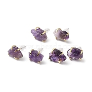 Raw Rough Natural Amethyst Stud Earrings, Light Gold Tone Brass Jewelry for Women, Cadmium Free & Lead Free, 15~17x11~12mm, Pin: 0.6mm(EJEW-R148-01LG-01)