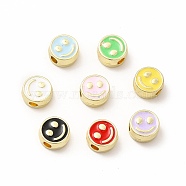 Rack Plating Alloy Enamel Beads, Cadmium Free & Nickel Free & Lead Free, Flat Round with Smiling Face Pattern, Light Gold, Mixed Color, 7.5x4mm, Hole: 2mm(X-FIND-G051-01LG)