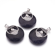 Synthetic Blue Goldstone Pendants, with Platinum Tone Brass Findings, Flat Round with Tree of Life, 32x28x6mm, Hole: 4x5mm(KK-F751-B20)