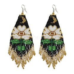 Boho Seed Bead Flower Tassel Earrings, Iron Dangle Earring for Women, WhiteSmoke, 130x42mm(EJEW-Q380-07A)