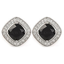 Cubic Zirconia Rhombus Stud Earrings, Rack Plating Platinum Brass Jewelry for Women, Black, 15x15mm(EJEW-I304-15P-02)