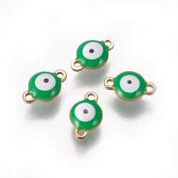 Ion Plating(IP) 304 Stainless Steel Enamel Links connectors, Flat Round with Evil Eye, Golden, Green, 9.5x6x3.5mm, Hole: 1.2mm(STAS-F206-02G-A01)