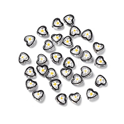 Transparent Glass Beads, with Enamel, Heart with Flower Pattern, Black, 12x12x6.5mm, Hole: 0.9mm(GLAA-C026-03B)