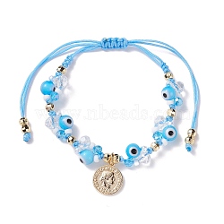 Round Evil Eye Braided Bead Bracelet with Coin Charm, Lucky Friendship Bracelet for Women, Light Sky Blue, Inner Diameter: 1-5/8~3-1/2 inch(4~9cm)(BJEW-TA00062-01)