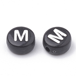 Opaque Acrylic Beads, Horizontal Hole, Alphabet Style, Flat Round, Letter.M, 7x4mm, Hole: 1.5mm, about 370pcs/50g(X-SACR-N002-02M)