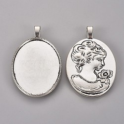 Tibetan Style Alloy Pendant Cabochon Settings, Oval with Woman Portrait on the Reverse Side, Cadmium Free & Nickel Free & Lead Free, Antique Silver, Tray: 40x29mm, 51x32x6mm, Hole: 6x3mm(TIBEP-5342-AS-FF)