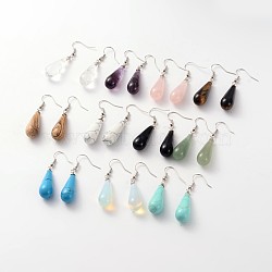 Teardrop Platinum Tone Brass Natural & Synthetic Mixed Stone Dangle Earrings, 47mm, Pin: 0.7mm(EJEW-M058-M)