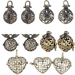 10Pcs 5 Styles Filigree Brass Cage Pendants, For Chime Ball Pendant Necklaces Making, Mixed Shapes, Antique Bronze, 10~38mm, Inner Measure: 16~22x16~25mm, 2pcs/style(KK-SC0003-77A)