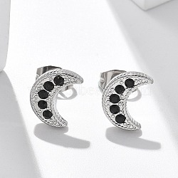 304 Stainless Steel Stud Earrings for Women, with Rhinestone, Moon, Stainless Steel Color, 10x7.5mm(EJEW-F361-03P)