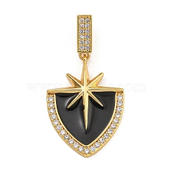 Rack Plating Brass Micro Pave Clear Cubic Zirconia North Star European Dangle Charms, Black Enamel Large Hole Pendants, Real 18K Gold Plated, Long-Lasting Plated, Shield, 37mm, Hole: 3x7.5mm(KK-U035-17G-02)