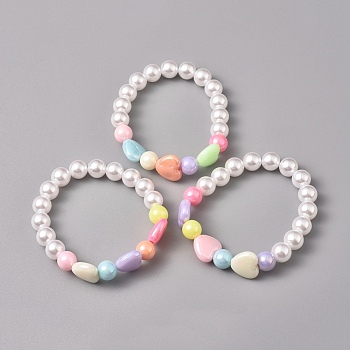 Kids Acrylic Beaded Stretch Bracelets, with Eco-Friendly Plastic Imitation Pearl and Acrylic Beads, Heart & Round, Mixed Color, 1-5/8 inch(4.3cm)