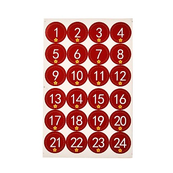 Christmas Theme Round Paper Gift Tag Self-Adhesive Stickers, Number1~24 Countdown Labels, for Gift Packaging, Number Pattern, 31x20x0.02cm, Stickers: 45mm In Diameter, 24pcs/sheet