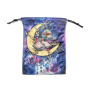 Double Face Printed Velvet Storage Bags, Drawstring Pouches Tarot Cards Packaging Bag, Rectangle, Moon, 17.9x13cm