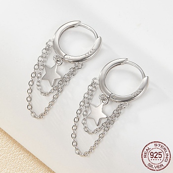 Rhodium Plated 925 Sterling Silver Star & Chains Tassel Dangle Hoop Earrings for Women, Platinum, 29x12mm