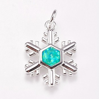 Brass Pendants, with Synthetic Opal, Snowflake, Platinum, Turquoise, 20.5x15.5x2mm, Hole: 4mm