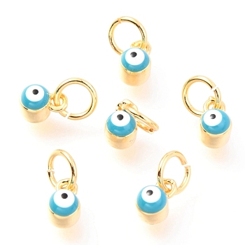 Brass Enamel Pendants, Long-Lasting Plated, Real 18K Gold Plated, with Jump Rings, Column with Evil Eye, Light Green, 5x3.5x4.5mm,Jump Ring: 5x0.6mm, 3mm inner diameter.