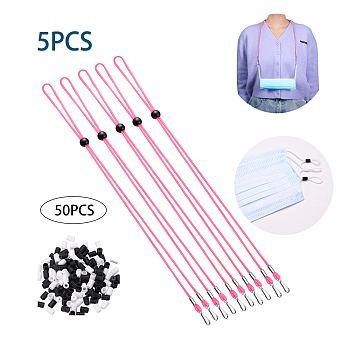 5PCS Adjustable Length Lanyard Strap, Ear Holder Rope, with ABS Hook and 50PCS Adjustable Non Slip Stopper(Random Color), Pink, 15 inch(38cm)