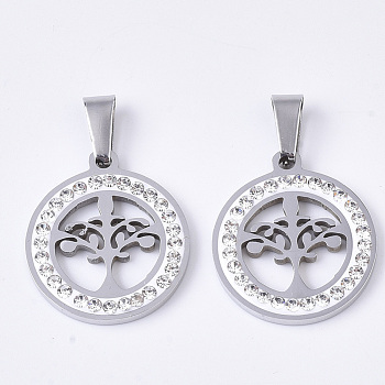 201 Stainless Steel Pendants, with Random Size Snap On Bails and Polymer Clay Crystal Rhinestones, Flat Round with Tree, Stainless Steel Color, 23x20x2~3mm, Hole: 7~10x3~5mm