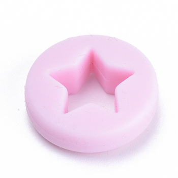 Food Grade Eco-Friendly Silicone Focal Beads, Chewing Beads For Teethers, DIY Nursing Necklaces Making, Flat Round with Star, Pink, 21x7mm, Hole: 2mm