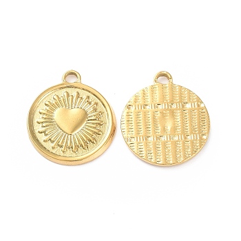 Ion Plating(IP) 304 Stainless Steel Pendants, Flat Round with Heart Charm, Golden, 21.5x19x2mm, Hole: 1mm