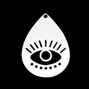 201 Stainless Steel Pendants, Laser Cut, Teardrop with Evil Eye, Stainless Steel Color, 29.5x21x1mm, Hole: 1.6mm