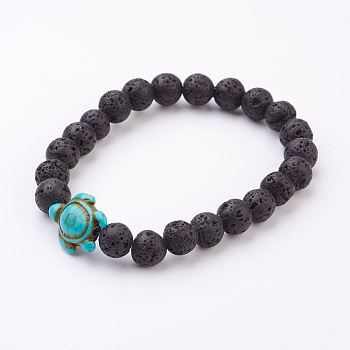 Lava Rock Beaded Stretch Bracelets, with Synthetic Turquoise Tortoise Bead, 2-1/8 inch(54mm)