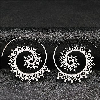 304 Stainless Steel Hollow Flower Vortex Dangle Earrings, Stainless Steel Color, 44x41mm