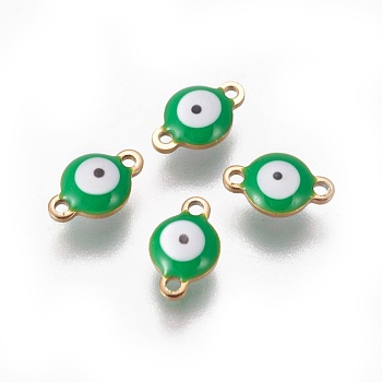 Ion Plating(IP) 304 Stainless Steel Enamel Links connectors, Flat Round with Evil Eye, Golden, Green, 9.5x6x3.5mm, Hole: 1.2mm