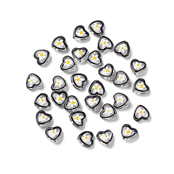 Transparent Glass Beads, with Enamel, Heart with Flower Pattern, Black, 12x12x6.5mm, Hole: 0.9mm