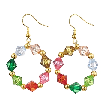 Colorful Acrylic Beaded Ring Dangle Earrings, Iron Long Drop Earrings, Golden, 52~54x30mm